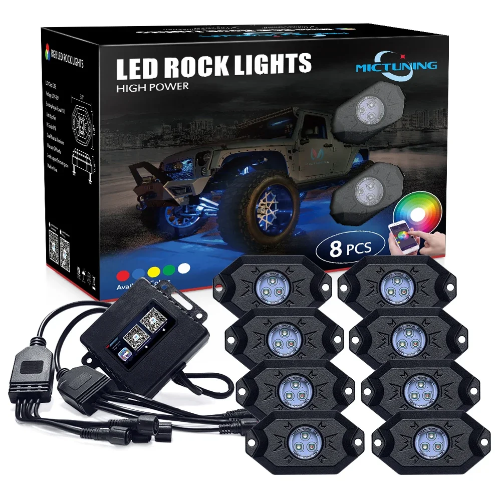 2nd-Gen RGB LED Rock Lights with Bluetooth Controller, Timing Function, Music Mode - 8 Pods Multicolor Neon UTV LED Light Kit