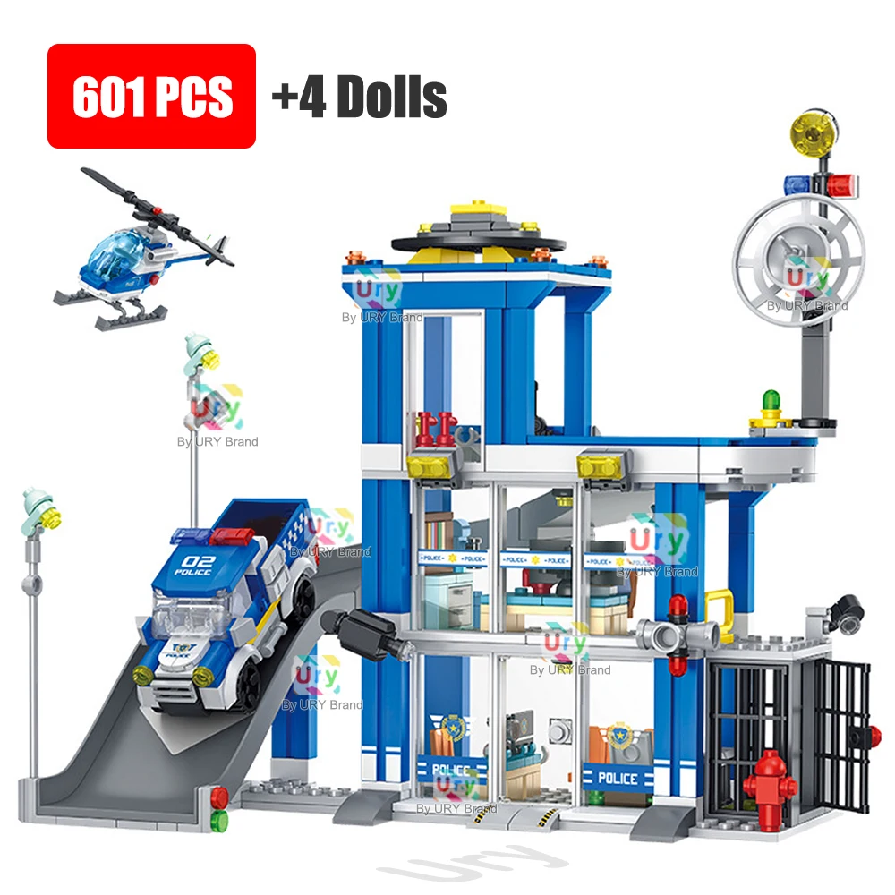 

Слайд-полицейский участок, городская серия, отряд, автомобиль, вертолет, тюремная фигурка, модель спасательного грузовика, MOC, строительные блоки, игрушки для мальчиков, подарки