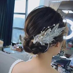 Feather Hair Clips Tiaras Bride Hair Jewelry For Women Crystal Pearl Hairpin 2022 New Fashion Barrettes Lady Wedding Headpiece