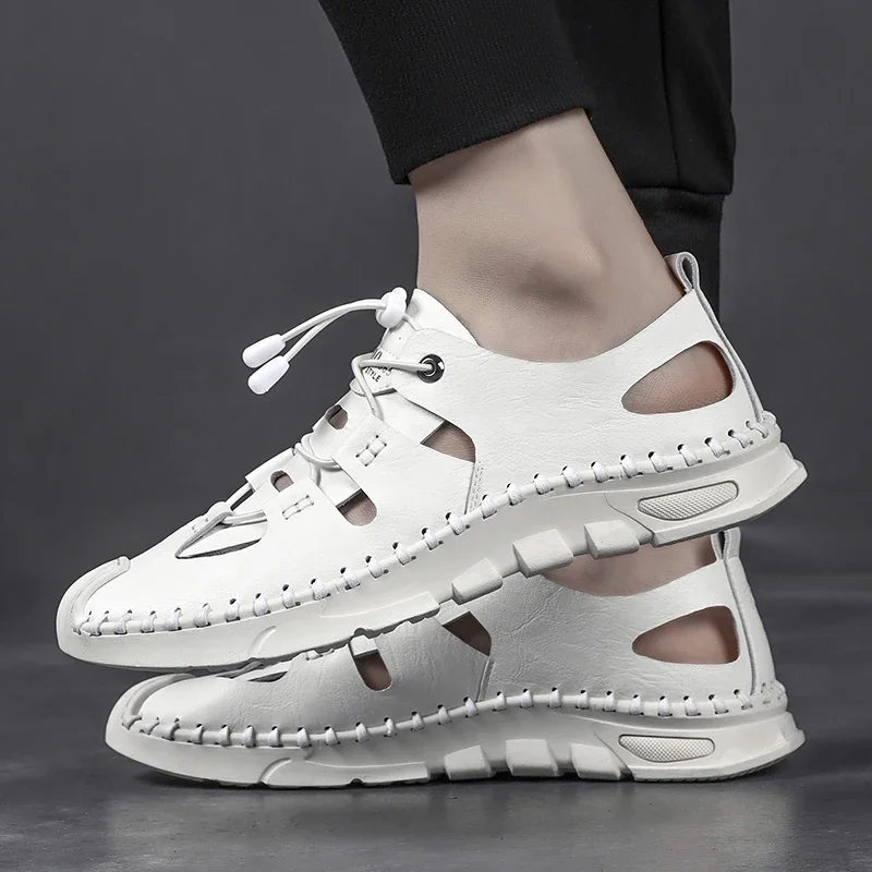 Summer High Quality Men's Fashion Trend Sandals Outdoor Breathable Massage Sole Anti slip Sandals Men's White Sandals Leather