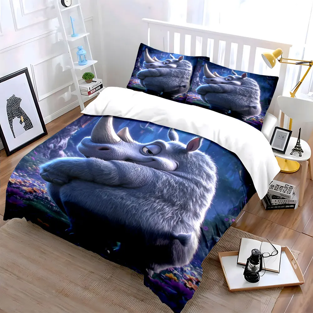 Charming rhino in magical forest Print Bedding Set 1 Duvet Cover 2 Pillowcases for Adult and Children Luxury Gift Full Size
