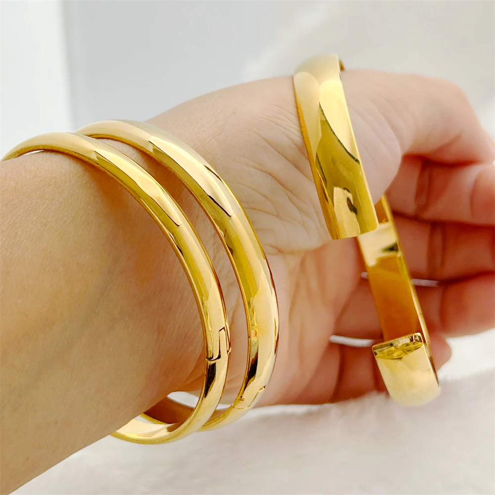 Gold Color Jewelry Sets for Women 8mm Smooth Round Bangle Bracelet & Ring 2pcs Set Trendy Accessories Party Gifts