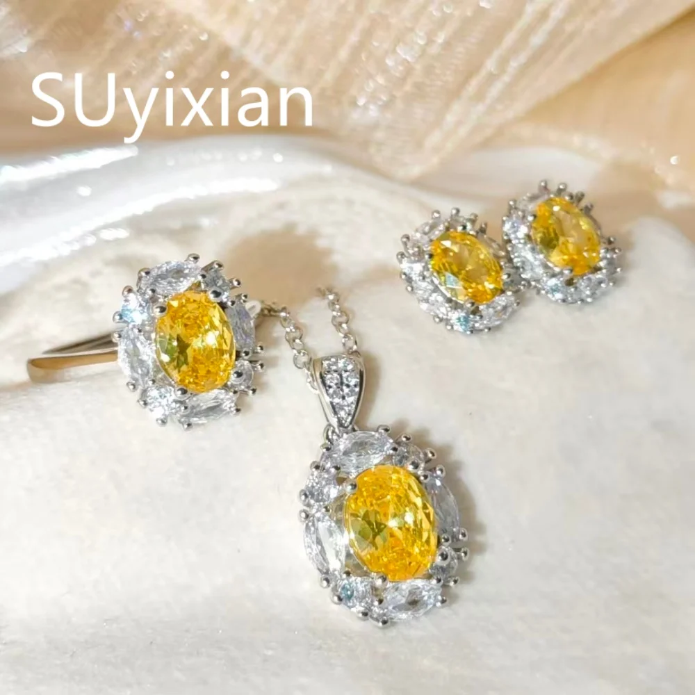 925 Sterling Silver Fashion Light Luxury Sunflower Yellow Zircon Ring Stud Earrings Necklace Women's Three-piece