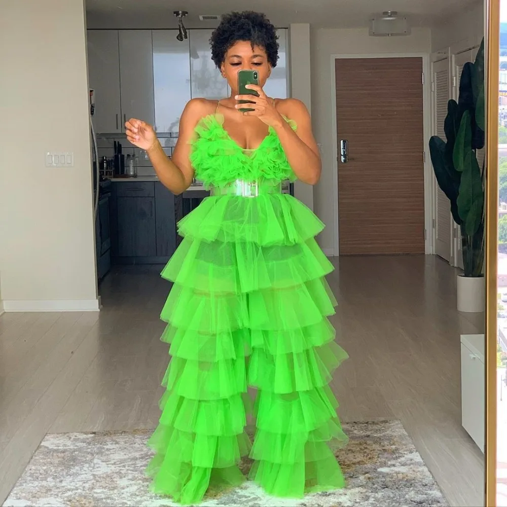 Women Long Tulle Pants Ruffled Tulle Tops Two Pieces Tulle Tops And Pants Party Cocktail Prom Separates Fluorescent Green Women