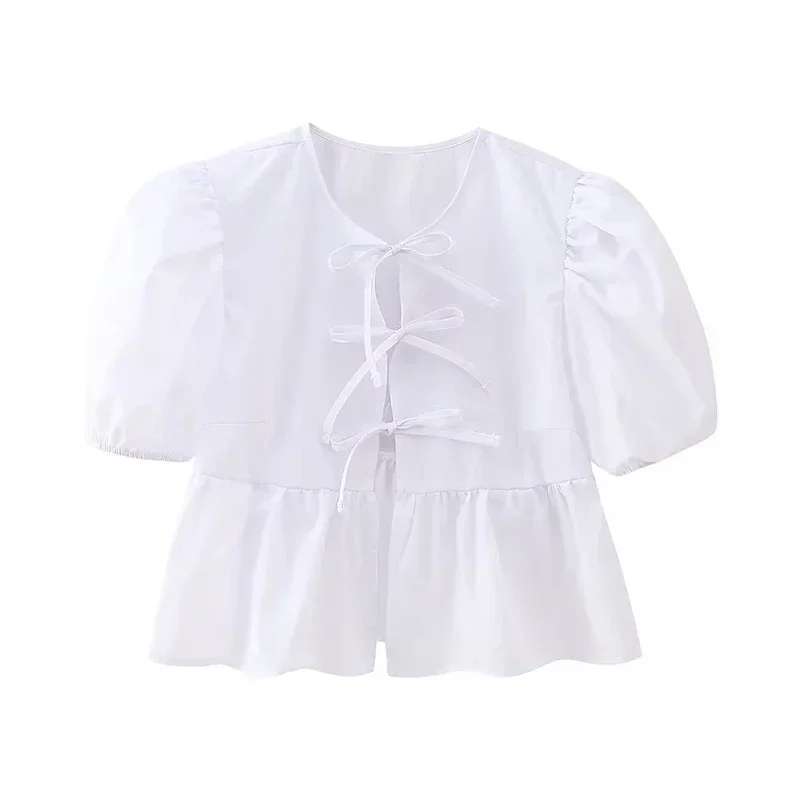 

New 2024 Women Bow Lacing Up Puff Sleeve Crop Blouse Office Lady Shirt Chic Chemise Blusas Summer Tops