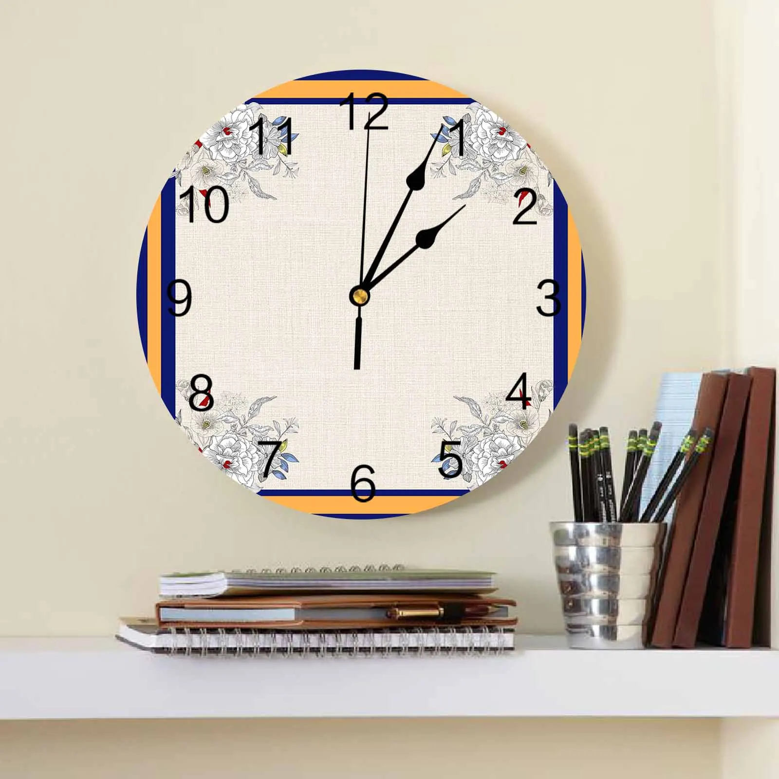 Floral Striped Blue Linen Wall Clock Large Modern Kitchen Dinning Round Wall Clocks Bedroom Silent Hanging Watch