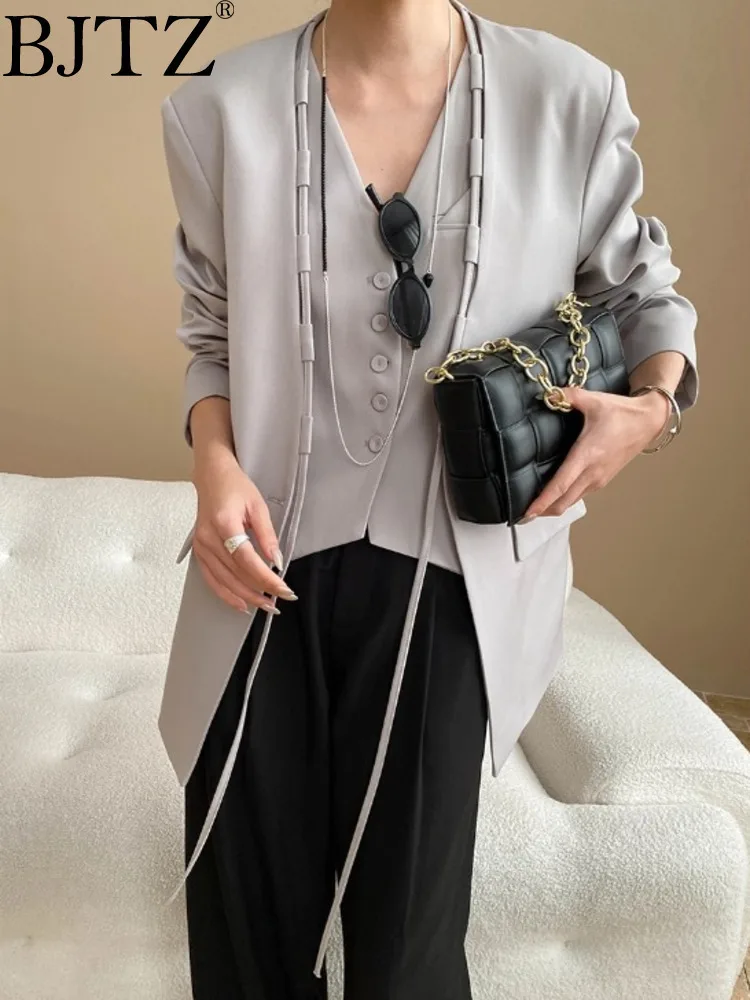 

BJTZ Two Piece Set Of Collarless Ribbon Blazer Vest Jacket For Women 2025 Spring Autumn Trendy Versatile Loose Female Clothing
