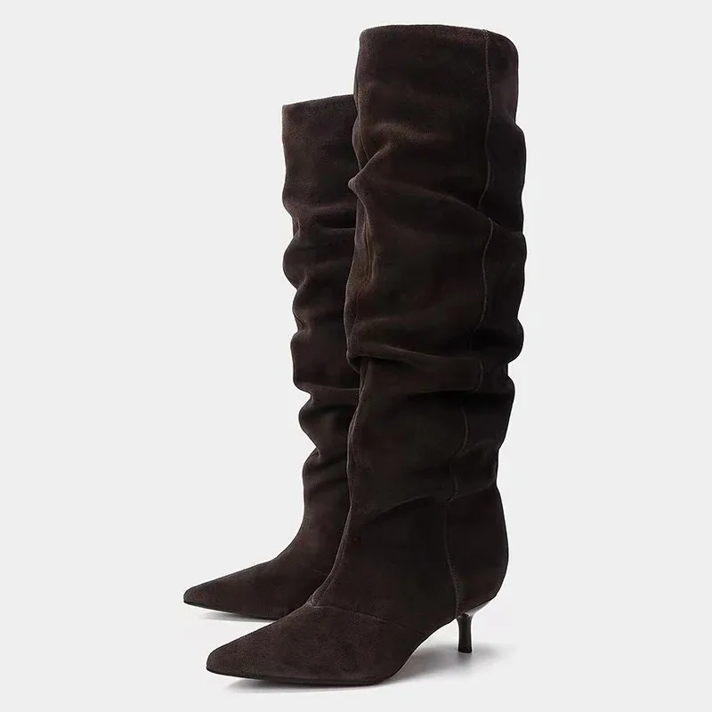 Eilyken Winter Pleated Knee High Boots Women Retro Pointed Toe Kitten Heels Boots Designer Comfortable Light Botas Mujer image 2
