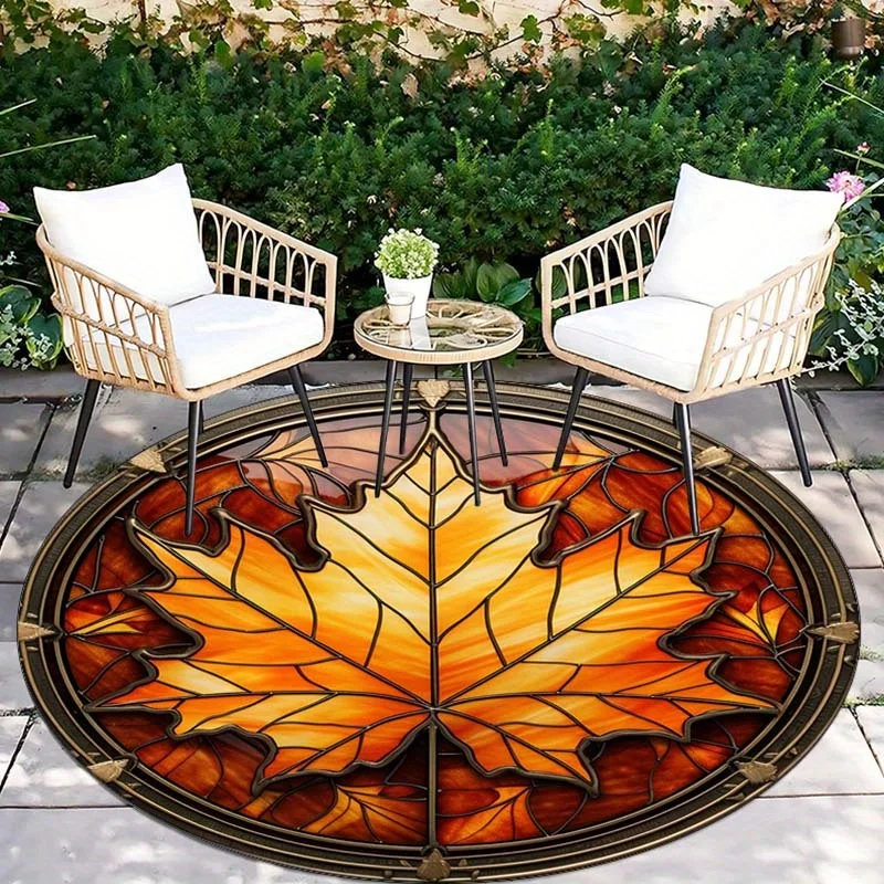 Stained glass maple leaf autumn round rug plush carpet bedroom living room decor fall season floor mat cozy home decoration