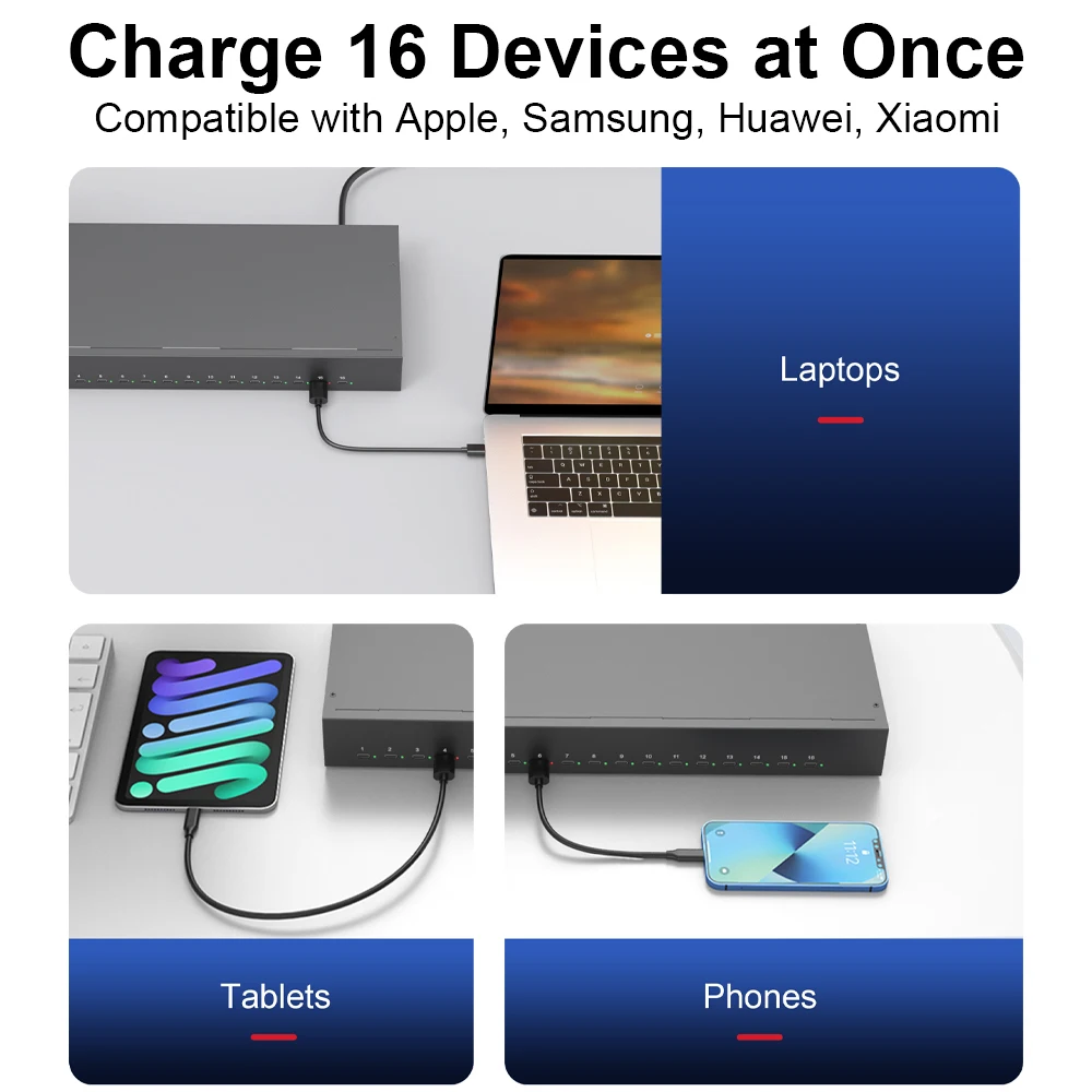 16 Port USB C PD Charging Station 65W Fast Charger Hub for Mobile Phones Tablets