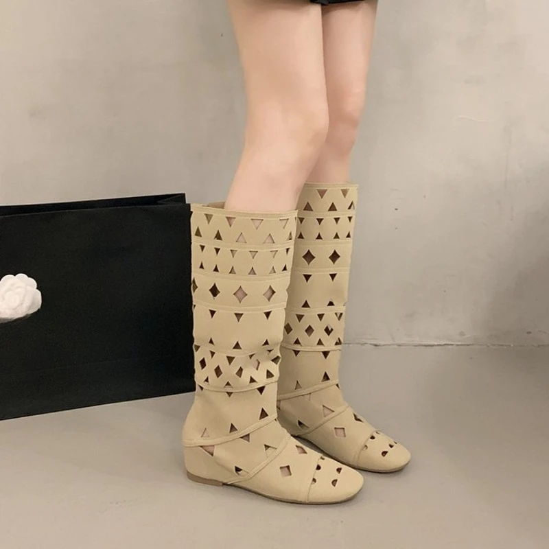 

Summer Women's Boots High Quality Hollow Western Boots Women's Retro Casual Knight Boot