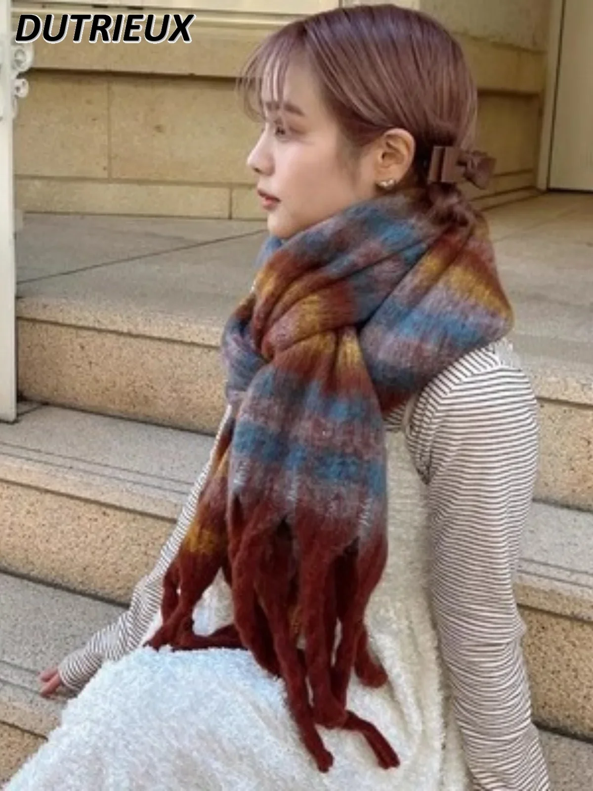 Mohair Warm Scarf Couple Cute Girl Japanese Autumn and Winter Versatile Outdoor Striped Sweet Thickened Scarf Accessories