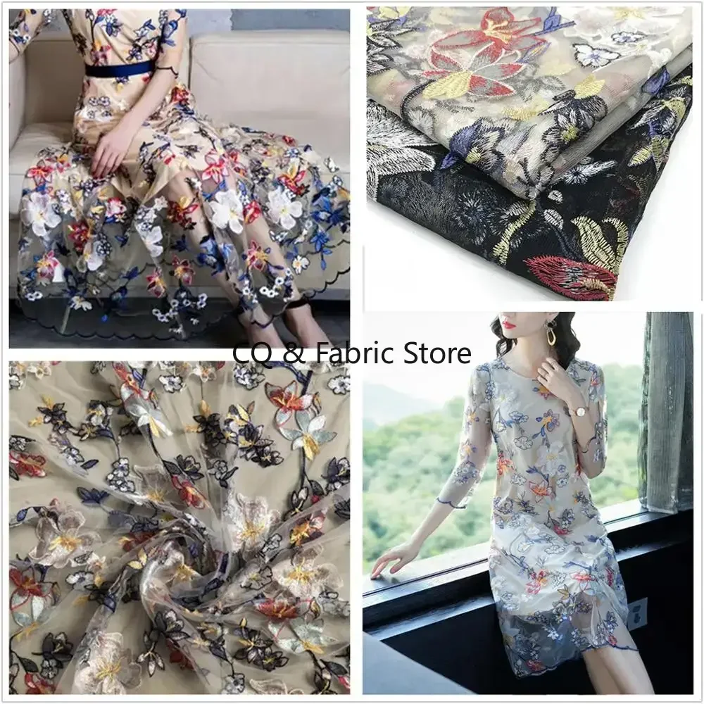 Tessuto di pizzo a rete ricamato multicolore largo 1 metro 130 cm Tessuto di tulle per abiti da donna alla moda fai da te