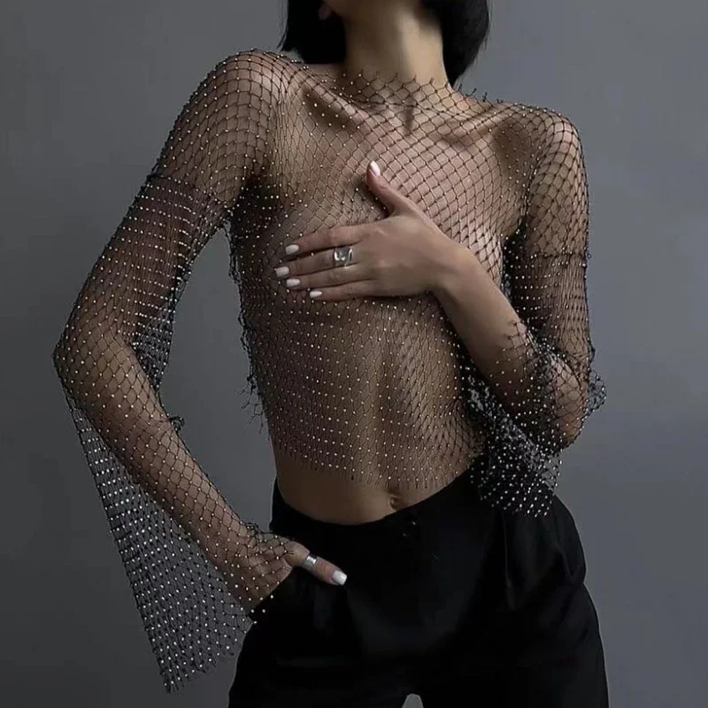 Women Sexy Mesh See Through T Shirt Shiny Rhinestone Fishnet Hollow Out Crop Top Long Sleeve Beach Cover Up Party Club Tank Tops