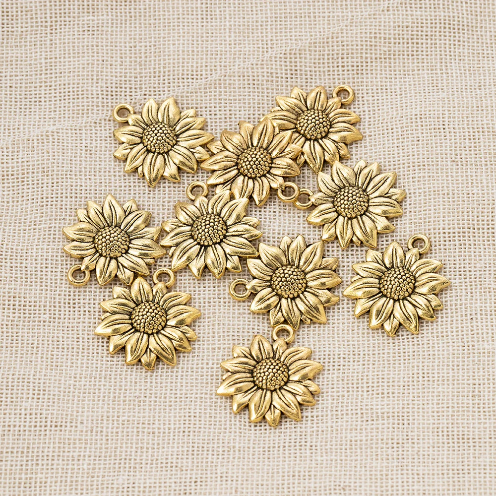 10 Pcs Beauty Antiuqe Gold Color Sunflower Charms DIY Pendant Necklace For Women Jewelry Accessories Classic Decoration 22*19mm