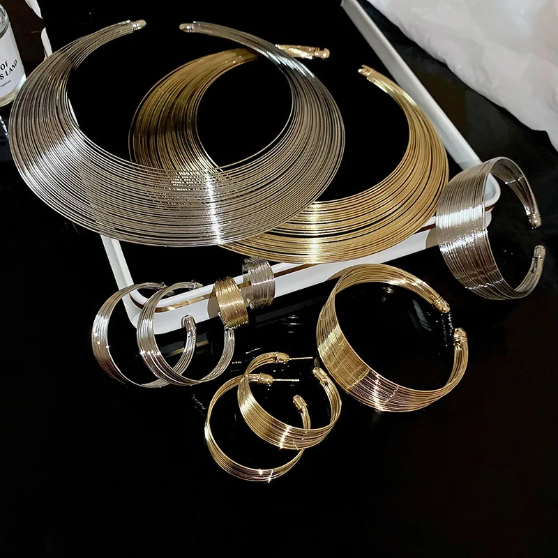 

Heavy Industry Design Multi-layered Metal Jewelry Set for Women Party Punk Necklace Bracelet Earrings Ring Set Accessories Gifts