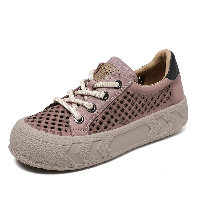 DRKANOL 2024 Fashion Women Flat Platform Shoes Summer Hollow Out Breathable Lace-Up Casual Sneakers Women Versatile Board Shoes