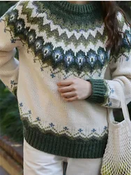 104-106cm Bust Fall Winter Fair Isle Pullovers Knitted Sweater Women Vintage Nordic Loose Thick Warm 70% Wool Sweater Jumper