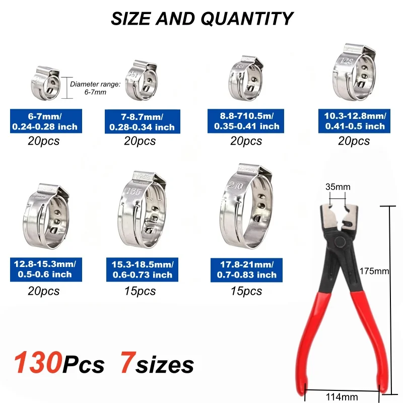 304 Stainless Steel Ear Stepless Clamp Worm Drive Fuel Water Hose Pipe Clamps Clips 1PC Hose Clip Clamp Pliers 130/80/45PCS