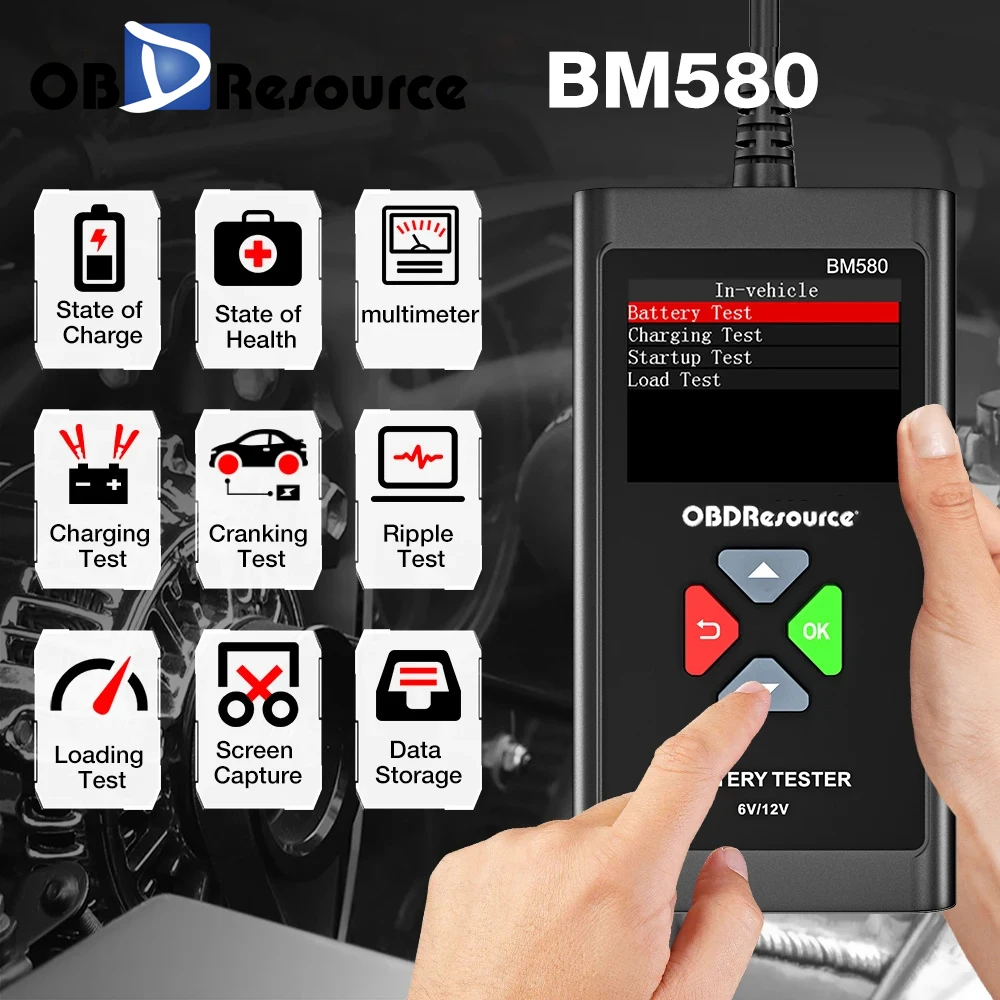 OBDResource BM580 6V 12V Car And Motorcycle Battery Tester 100-2000CCA 2AH~220AH Battery Analyzer Charging Test Load Test Tool