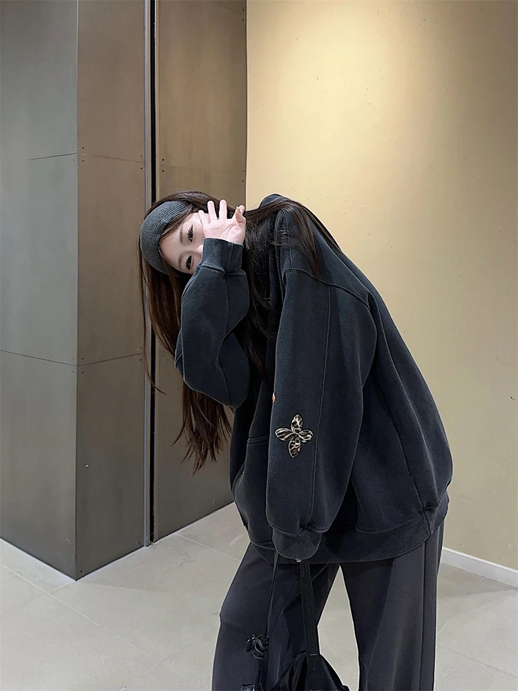 Heavy Industry Leather Embroidered Hooded Long Sleeve Hoodie for Women 2025 Spring New Style Thickened Velvet Warm Top Trendy image 6