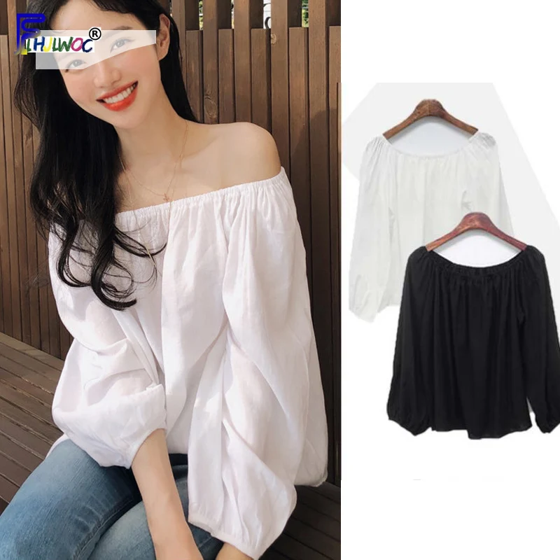 Open Off Shoulder Tops Woman Clothes Casual Preppy Style Girls Cute Sweet White Shirt Black Boat Neck Loose Short Top Blosas