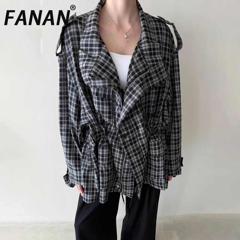 

FANAN модный клетчатый Тренч контрастного цвета для женщин, ветровка со сборкой на талии, элегантные женские куртки, новинка осени 2023 г.