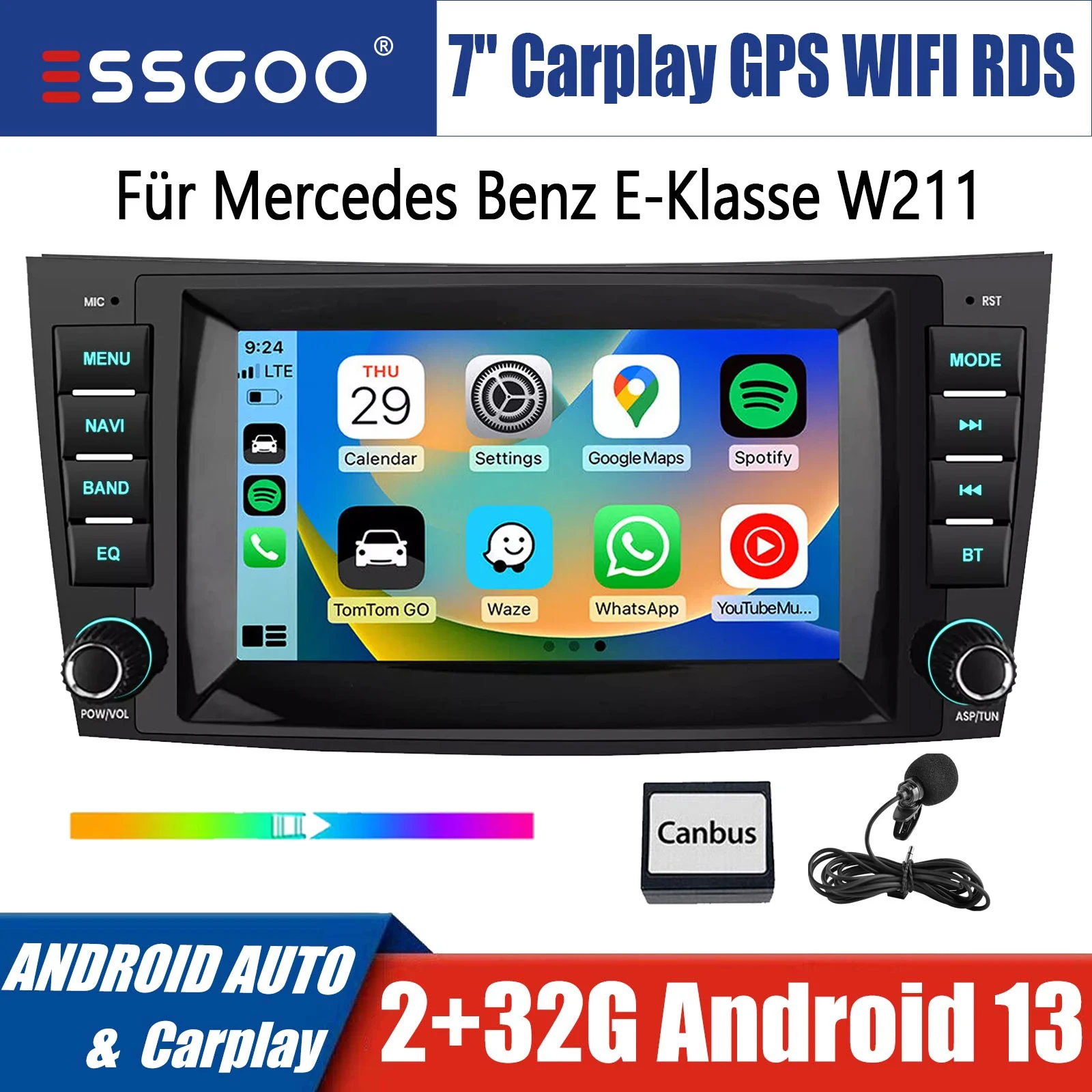 ESSGOO 2+32GB Carplay Car Stereo Multimedia Player Radio Android 13 GPS Navigtaion 7