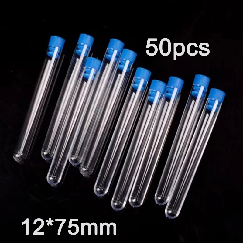 Lab Transparent Plastic Test Tube Clear  Tubes With Stopper caps School Teaching Laboratory Supplies Tubes 12x75mm , 50pcs