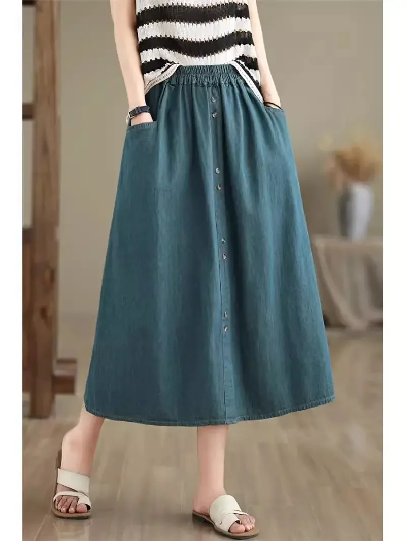 Sommer Retro gewaschen reine Baumwolle Jeans rock für Frauen elegante 2024 Mode Knopf elastische Taille A-Linie Jeans Rock Midi B866