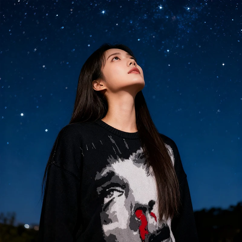 

Woman Character Pattern Retro Loose Knit Sweater Pullover 2000s Fashion Women's Winter Black Sweater Y2K Top Clothes Sweatshirts