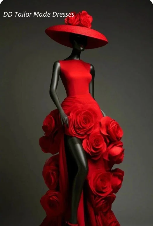 Unique Cubic Floral Red Attractive Prom Dress Side Slit Flowers Satin Long Evening Gown Sleeveless Modern Party Dress Customized