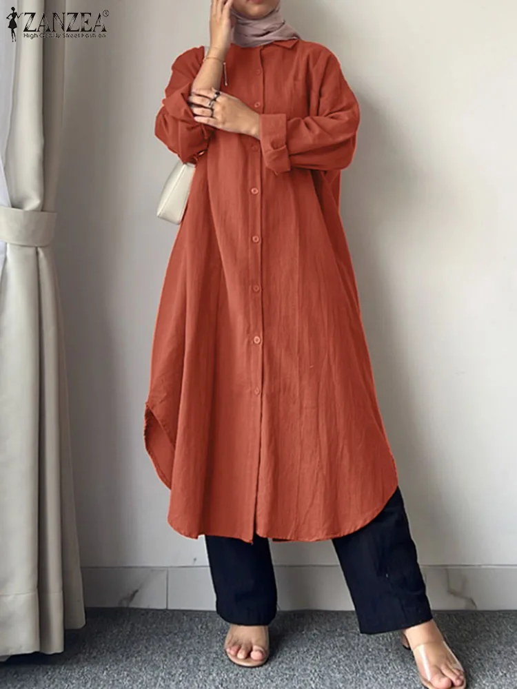 ZANZEA Vintage Solid Muslim Abaya Sundress Women Fashion Lapel Neck Long Sleeve Casual Shirtdress Loose Dubai Turkey Vestidos