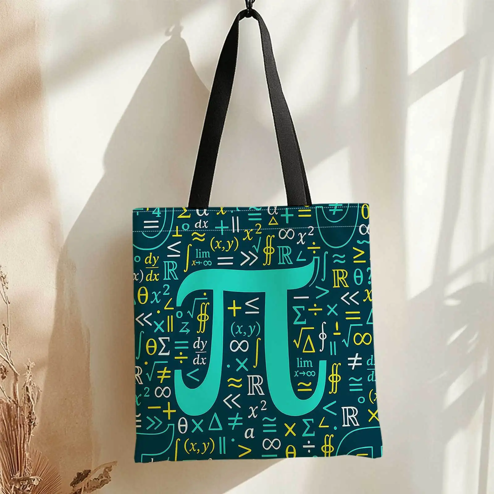 Double-Sided Printed Shopping Tote Bag with Mathematical Symbols, Pi (π), and Formulas on Teal Background. Lightweight, Foldable view 6