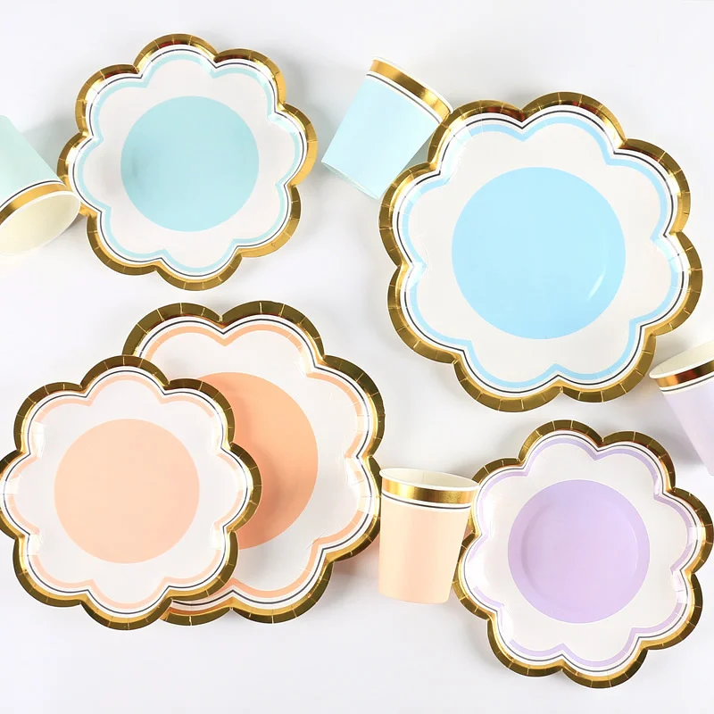 10pcs disposable tableware petal-shaped paper plate paper cup 7/9 inch plate macaron color cupcake plate and plate wholesale