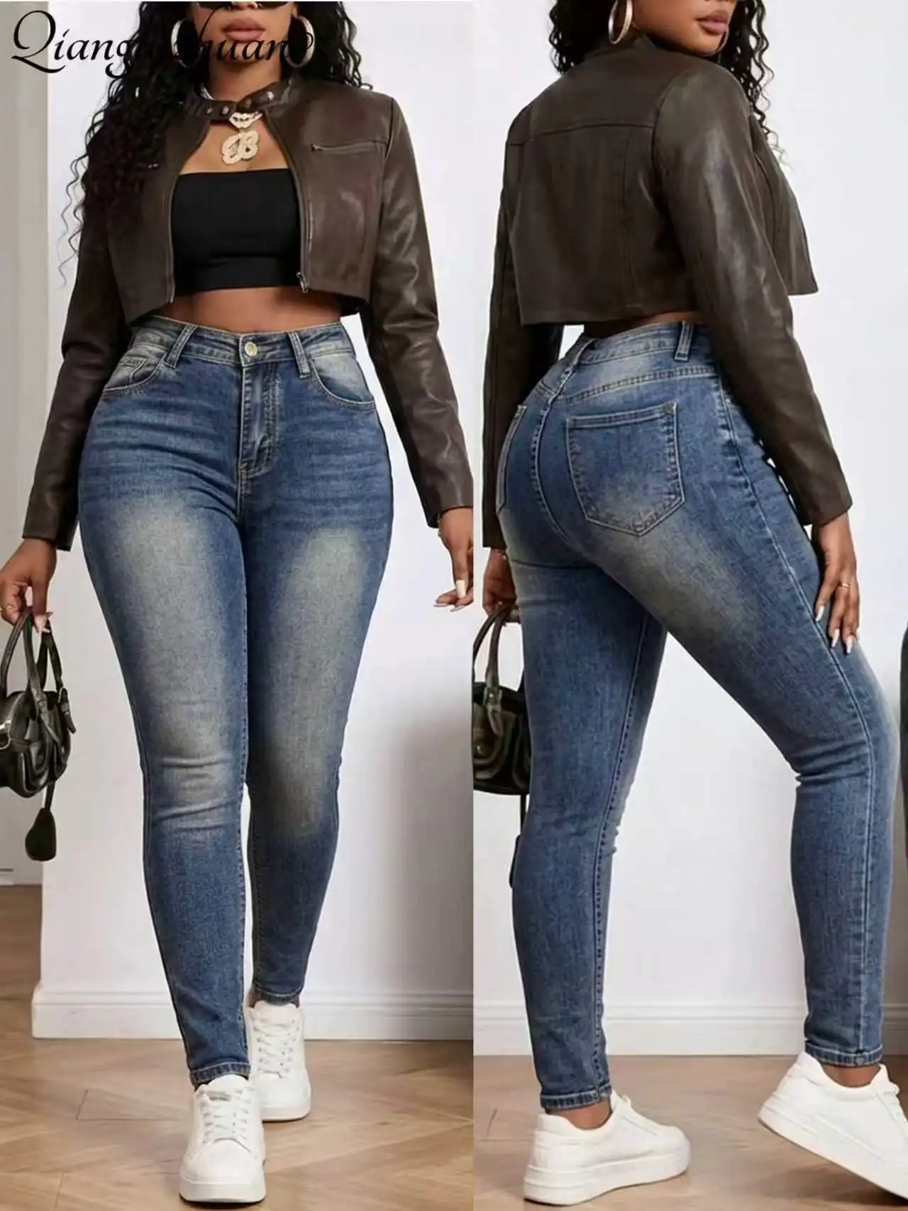 Super stretchy! Washed and distressed skinny pants with high waist for a flattering fit and elongated silhouette.