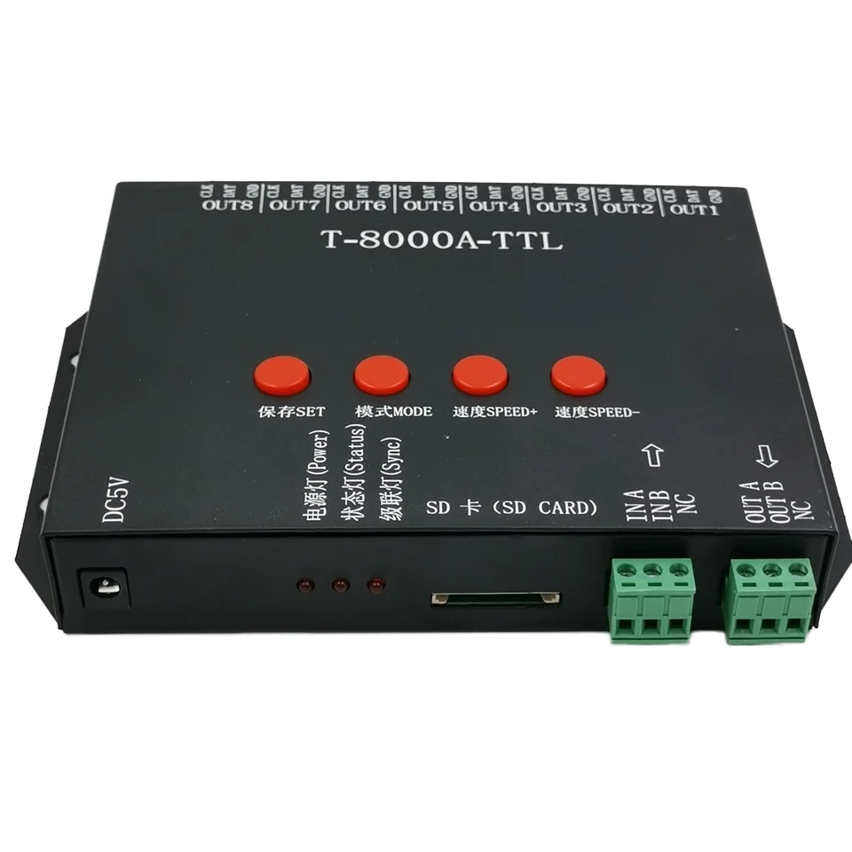 LED Pixel Controller Full Color T-8000A TTL Programming Controller 8 Ports Output with SD Card LED Synchronous Controller