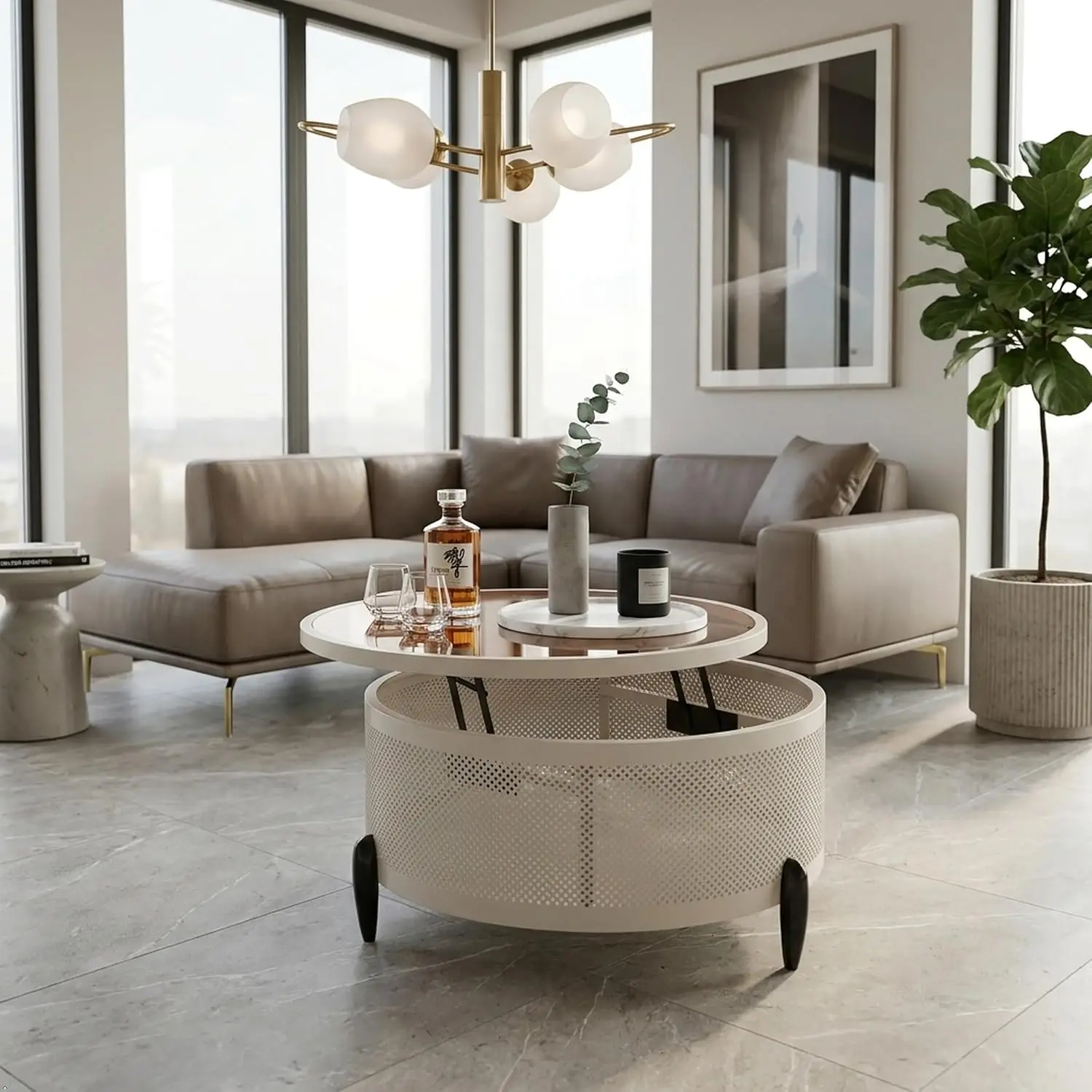 Round Lift-Top Coffee Table with Storage & Tempered Glass Top, Metal Mesh Frame Patio Furniture, Customized