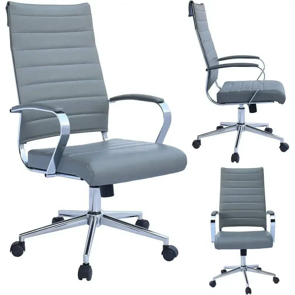 High Back Ribbed PU Leather Swivel Chair with Adjustable Features for Executive Office and Conference Rooms (Gray)