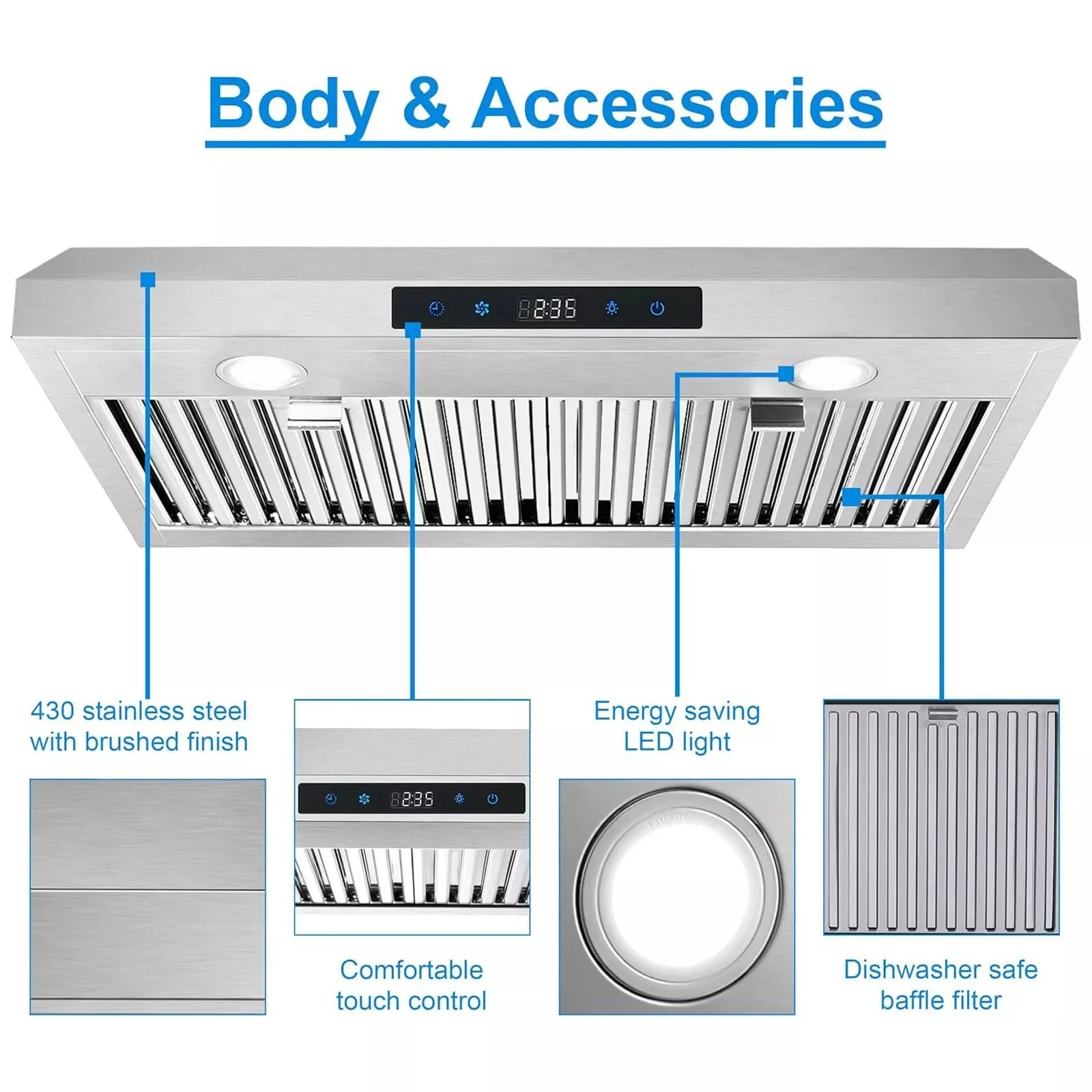 30 inch 600CFM Under Cabinet  3-Speed Touch Panel Vent LED Range Hood US0475BTC