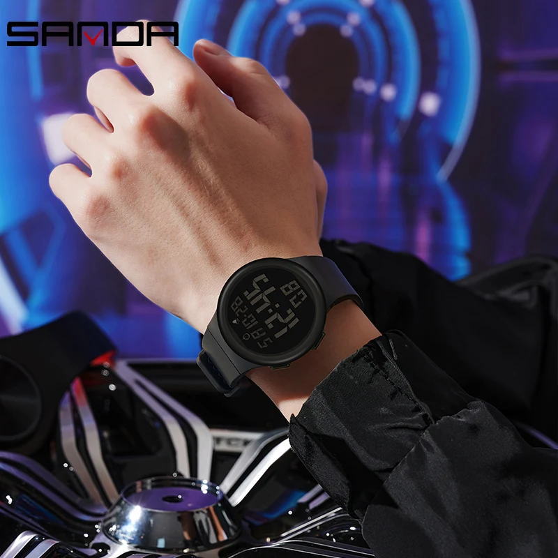 SANDA Trendy Fashion Men Electron Watch Soft TPU Strap Big Screen LED Digital Waterproof Alarm Clock Sports Men\'s Watches 2151