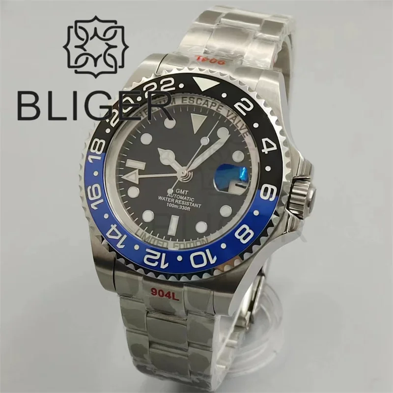 

BLIGER 43mm SEA Dive Watch For Men GMT NH34 Automatic Luminous Bezel Black Dial AR Sapphire Glass With Magnified Date Waterproof