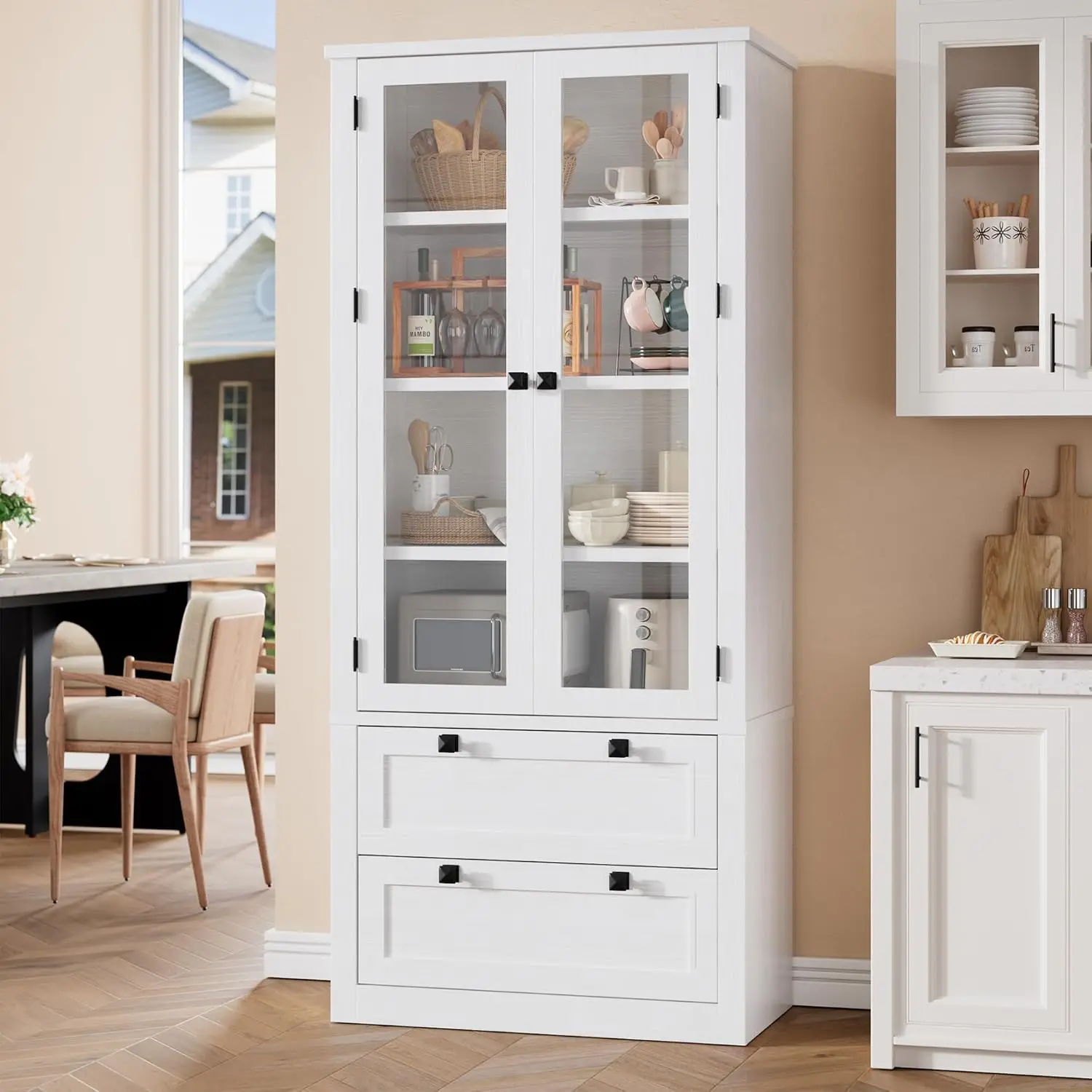 SGIAWETA-71' Tall Kitchen Pantry Cabinet - Modern Display Storage Cabinet with 2 Large Drawers, Glass Doors-birthday