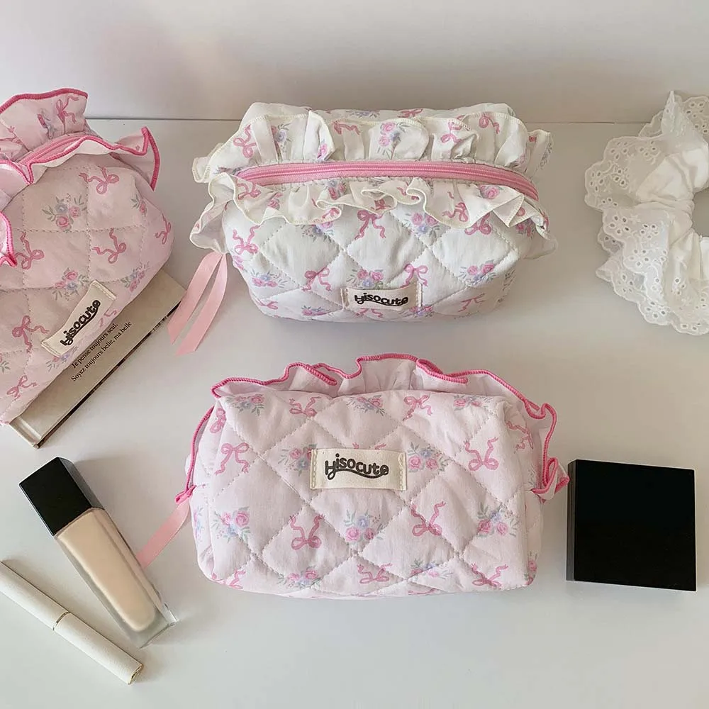 Lovely Bowknot Bow Cosmetic Bag Wash Pouch Wrinkled Edge Bow Stationery Bag Pink/White Ins Style Korean Style Pencil Case Travel