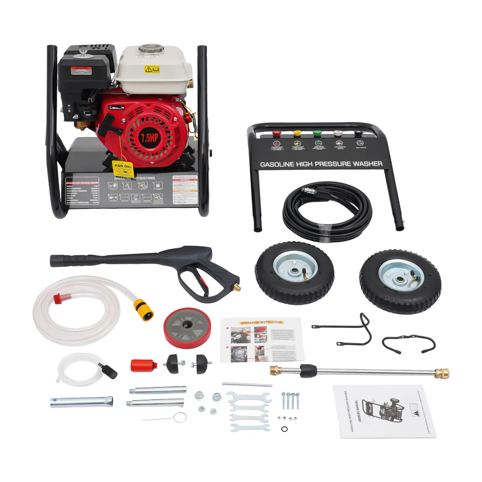 7,5 PS, 2200 PSI Hochdruckreiniger, 3400 U/min, benzinbetriebene Reinigungsmaschine mit 5 Düsen für Hof, Auto, geräuscharm, Handzugstarter – Detail 6