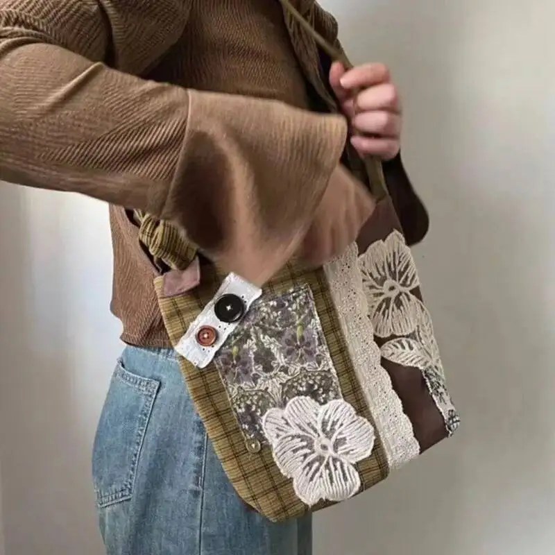 Bloom Vintage Lace Large Capacity Handbag Women Retro Patchwork Canvas Casual Shoulder Ladies Versatile Y2k Bags Сумка