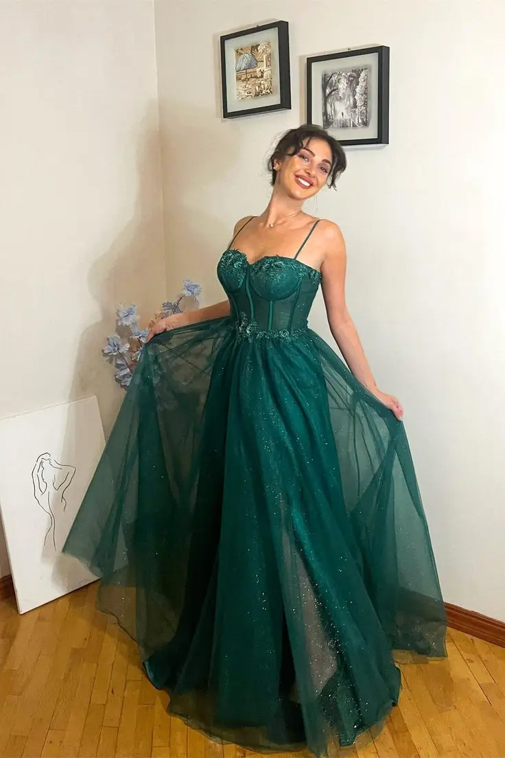 Stylish Corset Spaghetti Straps Long Evening Dress Floor Length Sequin Tulle A-Line Prom Birthday Party Gown Delicate Appliques