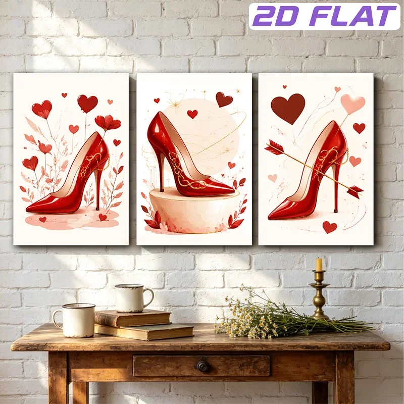 2D Flat Printing 3pcs frameless ,  Retro High Heels Wall Art Paintings -  Canvas Suitable for Romantic, Fashion Lovers Gift, Hea