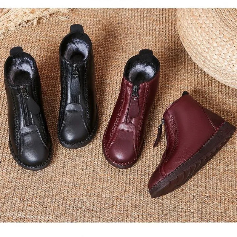 New Winter Women Ankle Boots Fashion Warm Mother\'s Boots Flat-Bottom Comfortable Non Slip Front Zipper Closure Female Footwear