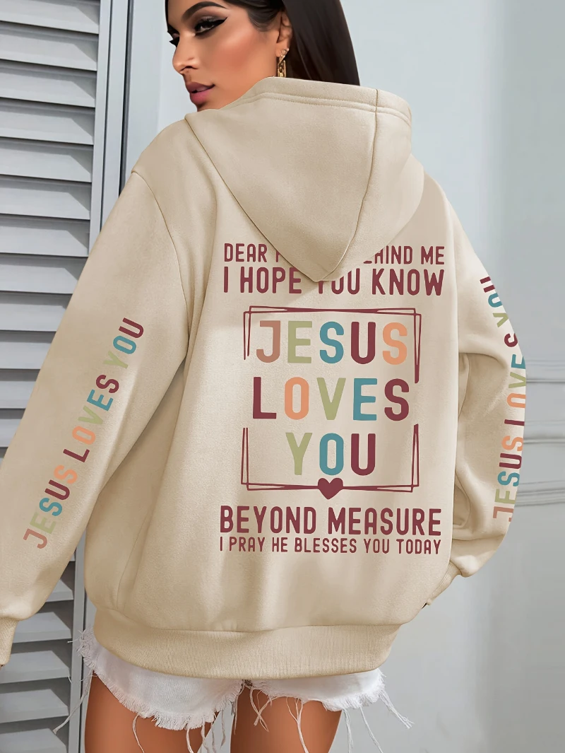 Gesù ti ama Felpe con cappuccio da donna con stampe di lettere Felpe con tasche larghe con cappuccio in pile invernale Top caldi Abiti da donna neri da strada